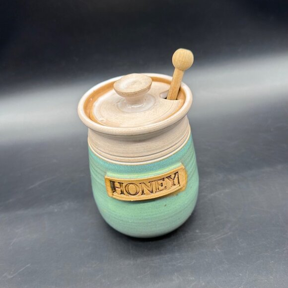 Handmade Other - Art Pottery Honey Pot Canister Jar Green Signed Handmade Wooden Dipper Retro